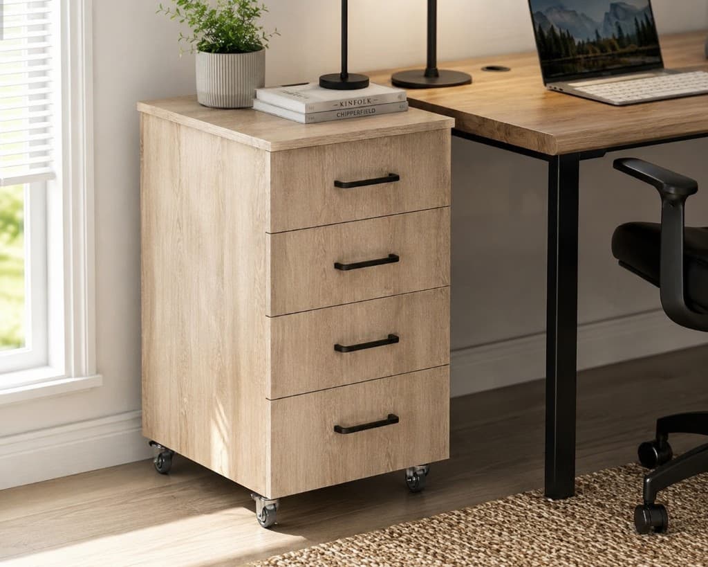 Mobile four-drawer office storage cabinet on casters