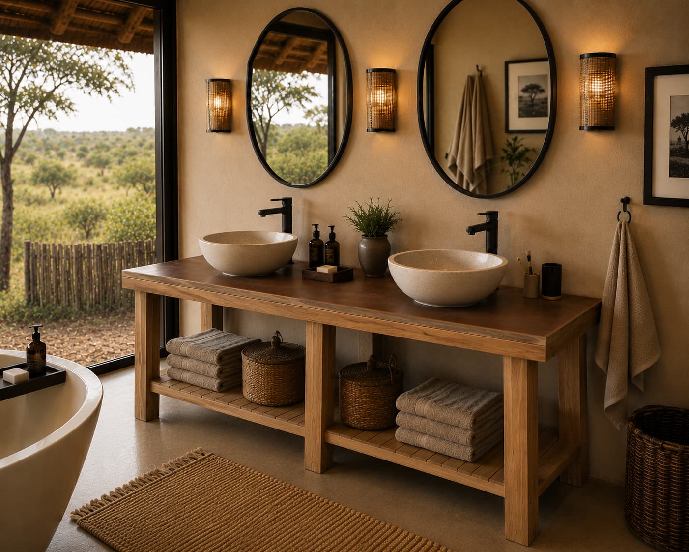 Custom wooden double vanity in a game lodge bathroom